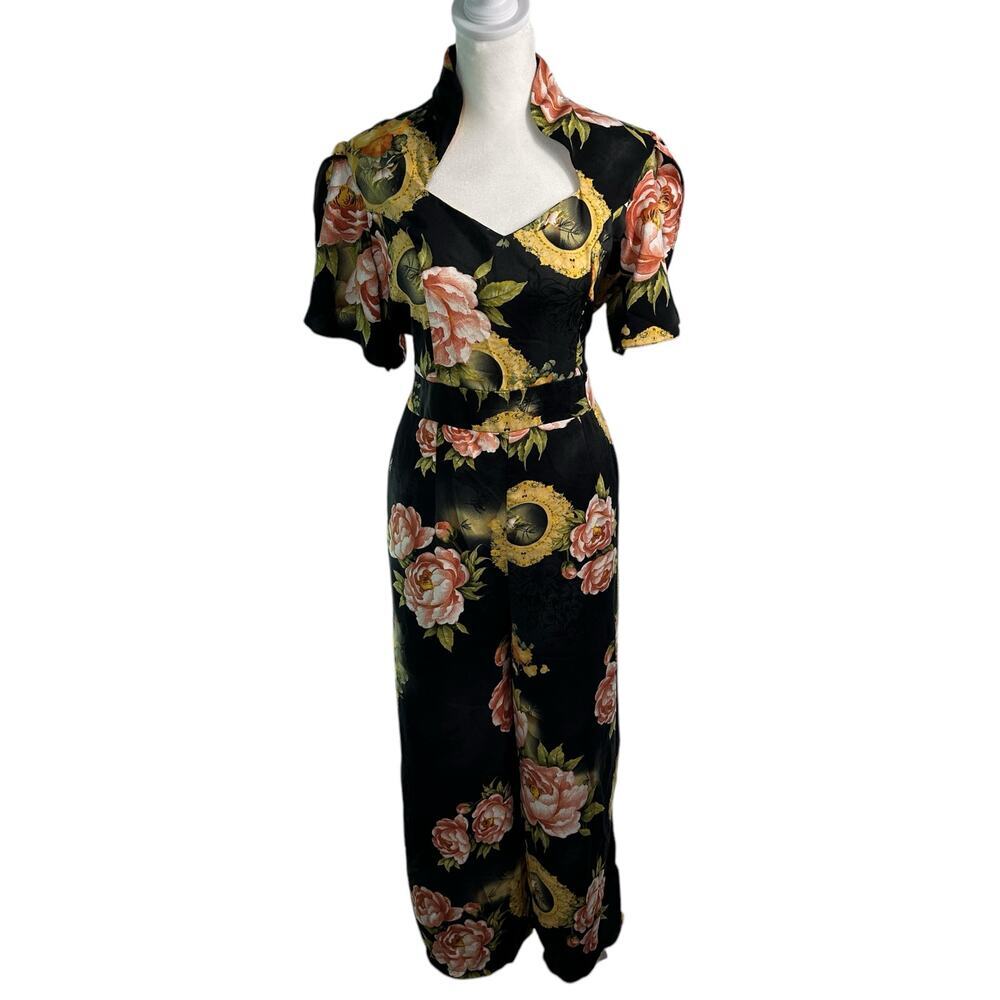 Mut Designs Black Floral Midi Jumpsuit Romper Queen Anne Neckline Flutter Wmn XS